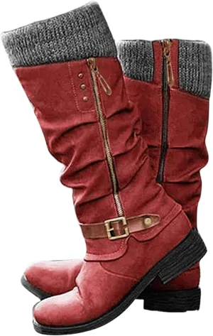 Boots For Women Knee High Wide Calf Mid Calf Combat Boots with Low Heel Square Toe Biker Motorcycle Riding Dress Boots