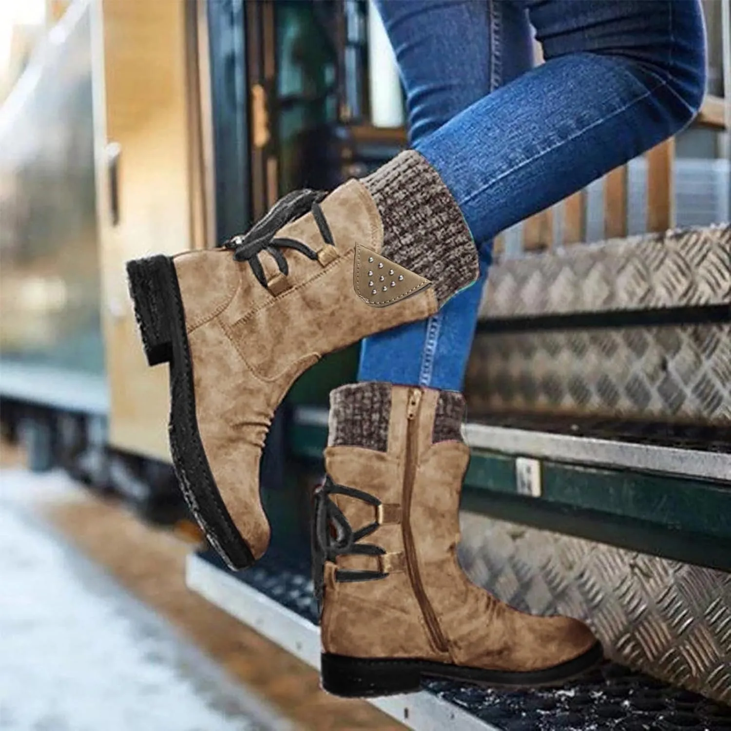 Boots for Women Lace up Fur Lined Booties Mid Calf Chunky Thick Heel Round Toe with Side Zipper Waterproof Winter Snow Shoes