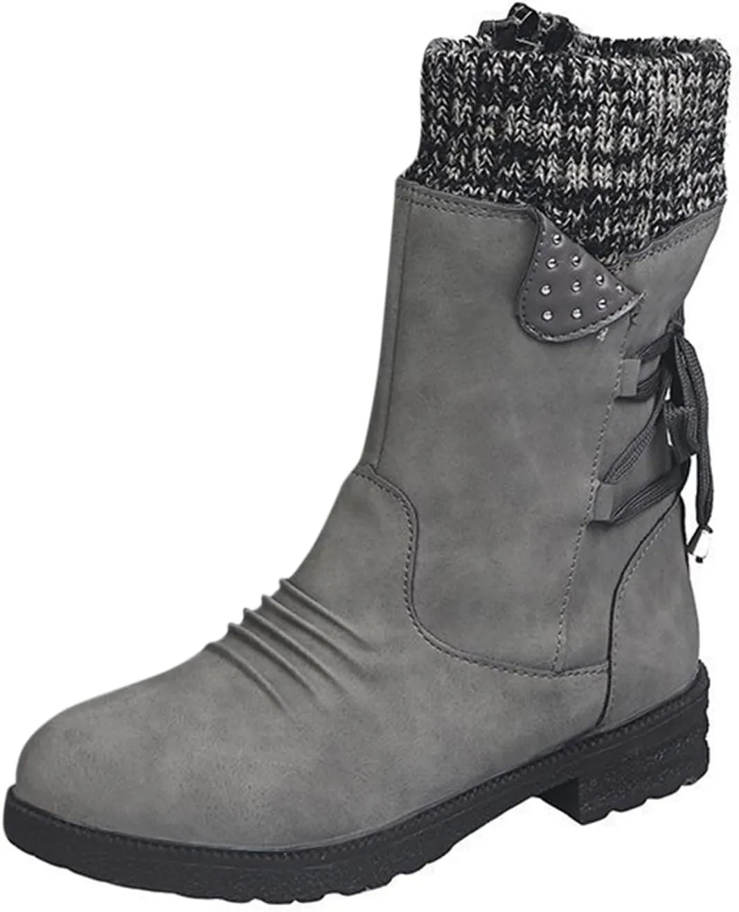Boots for Women Lace up Fur Lined Booties Mid Calf Chunky Thick Heel Round Toe with Side Zipper Waterproof Winter Snow Shoes