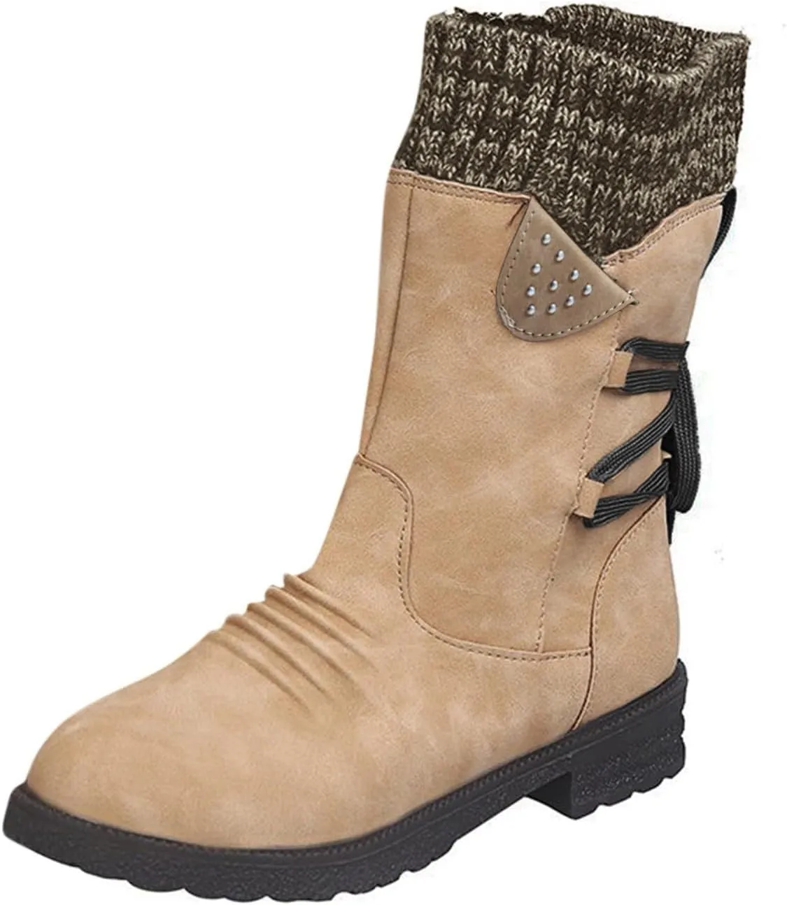 Boots for Women Lace up Fur Lined Booties Mid Calf Chunky Thick Heel Round Toe with Side Zipper Waterproof Winter Snow Shoes