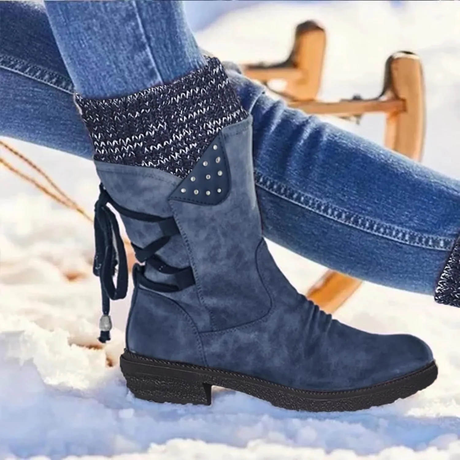 Boots for Women Lace up Fur Lined Booties Mid Calf Chunky Thick Heel Round Toe with Side Zipper Waterproof Winter Snow Shoes