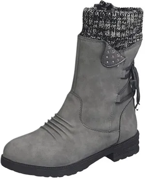 Boots for Women Lace up Fur Lined Booties Mid Calf Chunky Thick Heel Round Toe with Side Zipper Waterproof Winter Snow Shoes