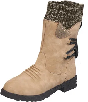 Boots for Women Lace up Fur Lined Booties Mid Calf Chunky Thick Heel Round Toe with Side Zipper Waterproof Winter Snow Shoes