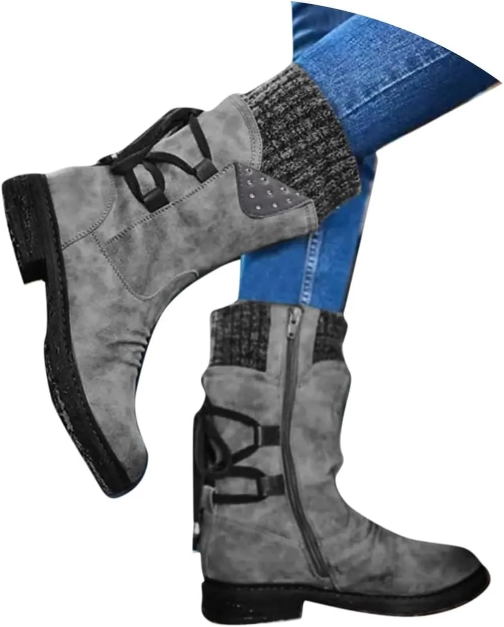 Boots for Women Lace up Fur Lined Booties Mid Calf Chunky Thick Heel Round Toe with Side Zipper Waterproof Winter Snow Shoes