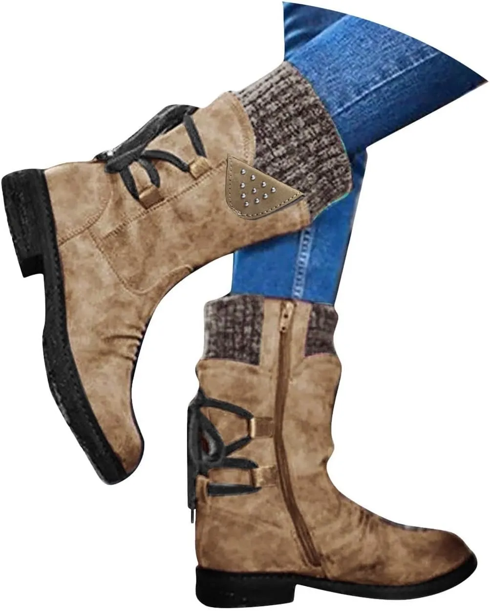 Boots for Women Lace up Fur Lined Booties Mid Calf Chunky Thick Heel Round Toe with Side Zipper Waterproof Winter Snow Shoes