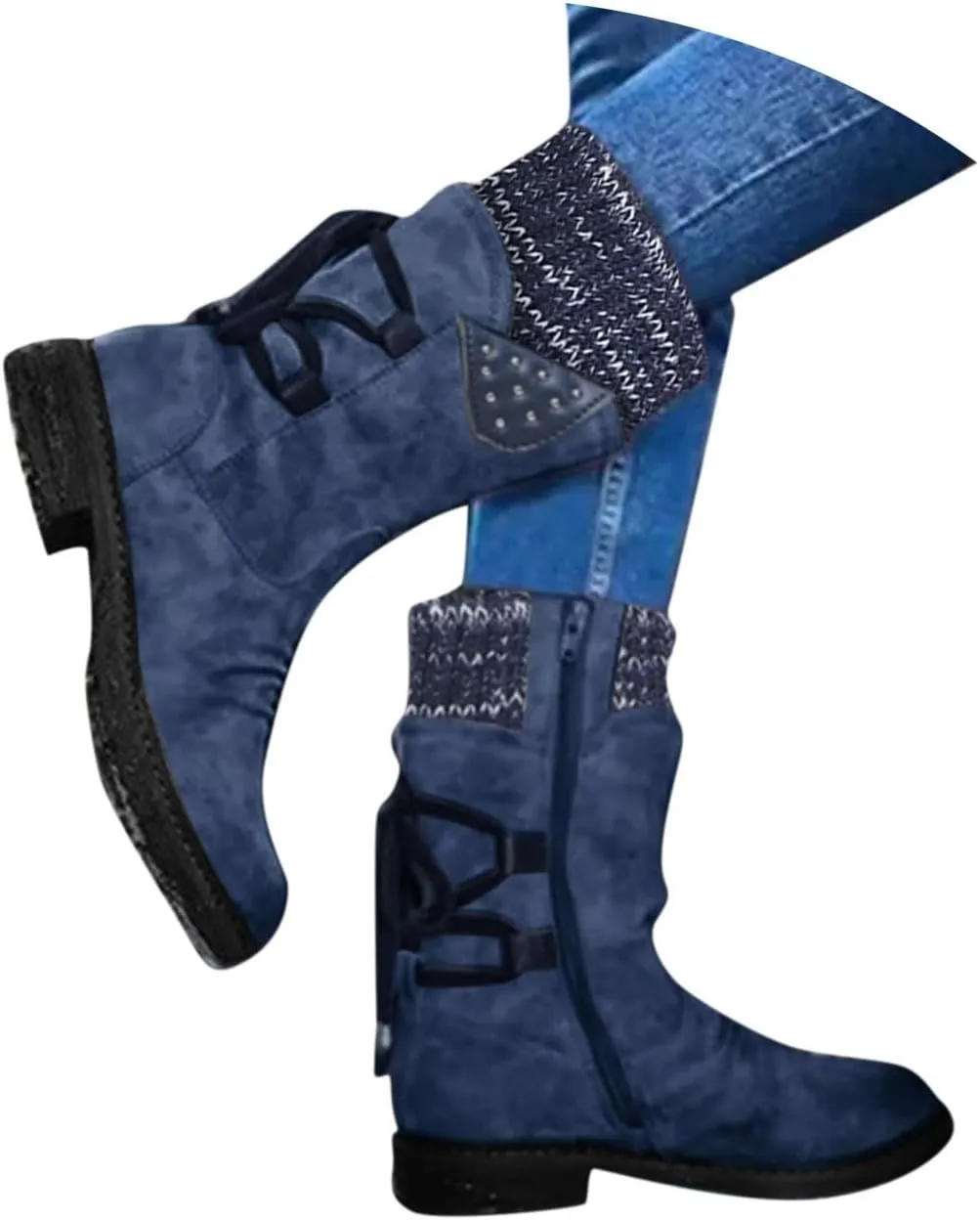 Boots for Women Lace up Fur Lined Booties Mid Calf Chunky Thick Heel Round Toe with Side Zipper Waterproof Winter Snow Shoes