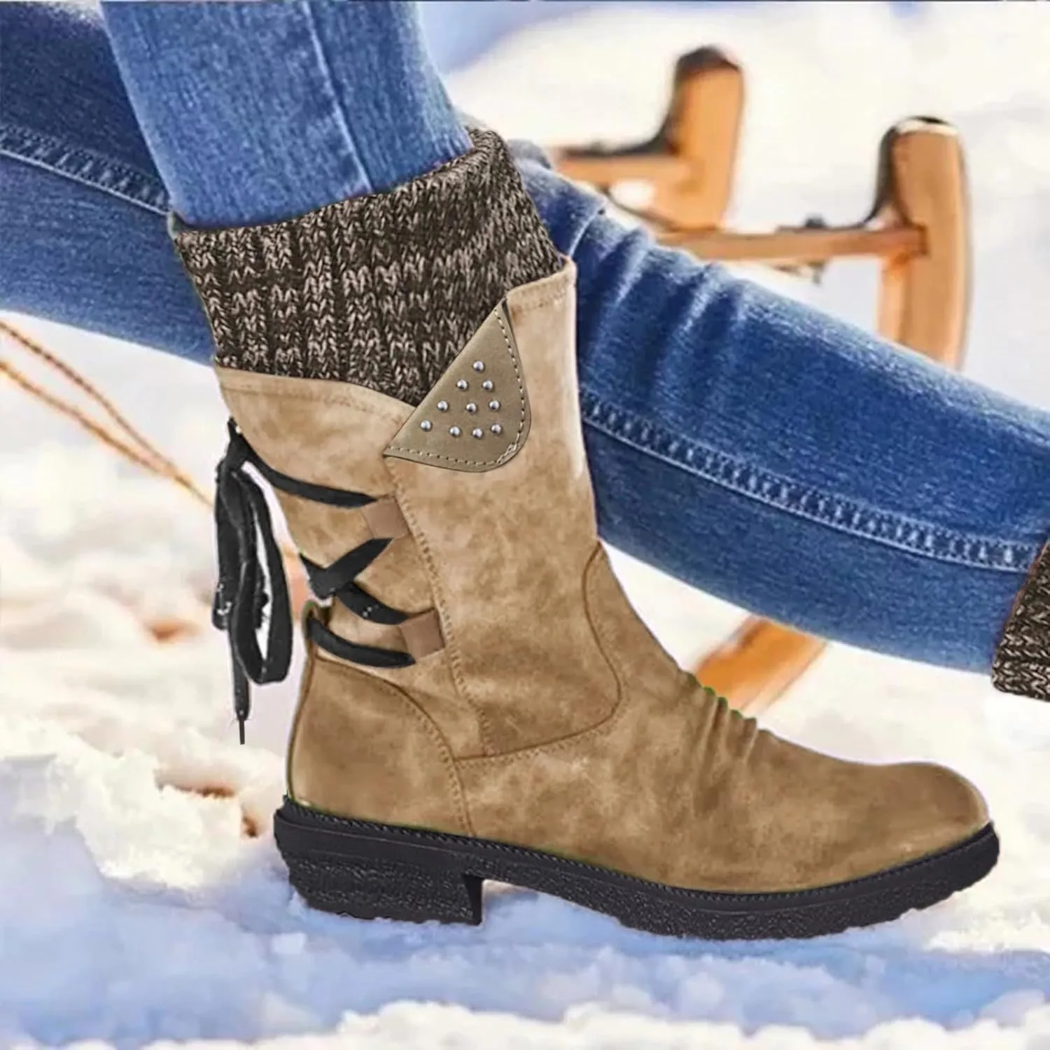 Boots for Women Lace up Fur Lined Booties Mid Calf Chunky Thick Heel Round Toe with Side Zipper Waterproof Winter Snow Shoes