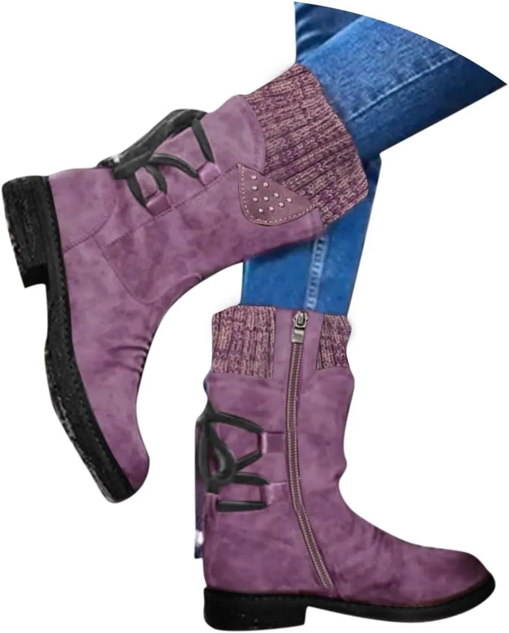 Boots for Women Lace-up Fur Lined Mid Calf Shoes Round Toe Waterproof Winter Snow Booties Heel Chunky Thick with Side Zipper