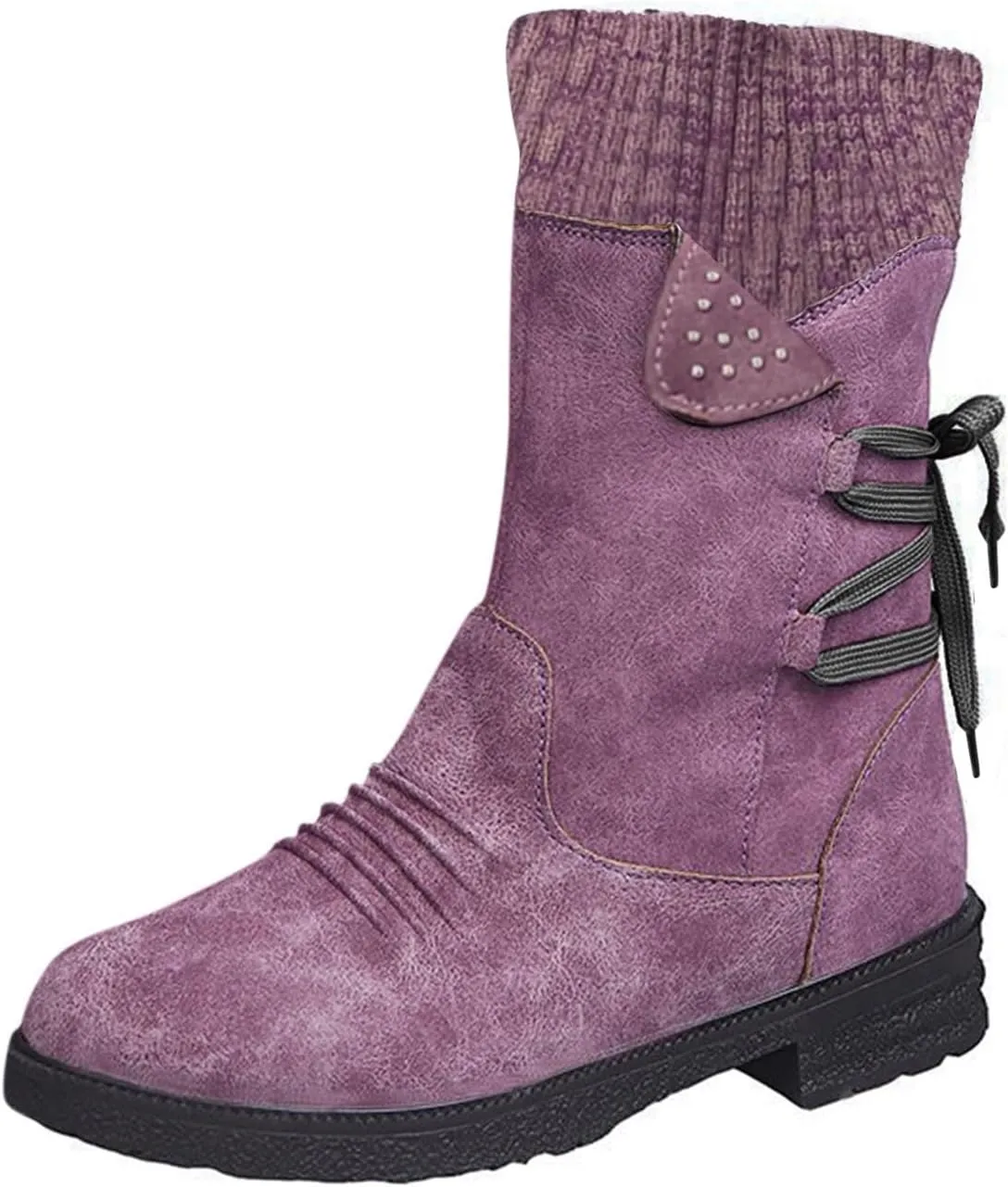 Boots for Women Lace-up Fur Lined Mid Calf Shoes Round Toe Waterproof Winter Snow Booties Heel Chunky Thick with Side Zipper