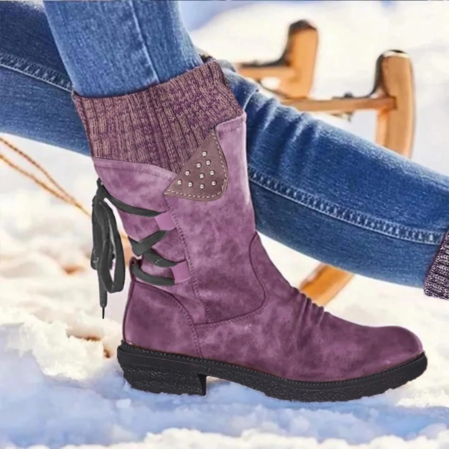 Boots for Women Lace-up Fur Lined Mid Calf Shoes Round Toe Waterproof Winter Snow Booties Heel Chunky Thick with Side Zipper