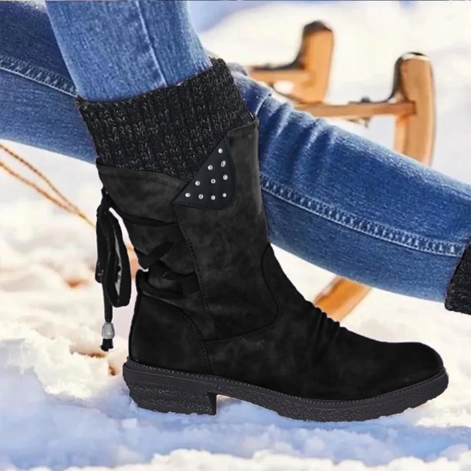 Boots for Women Lace-up Fur Lined Mid Calf Shoes Round Toe Waterproof Winter Snow Booties Heel Chunky Thick with Side Zipper