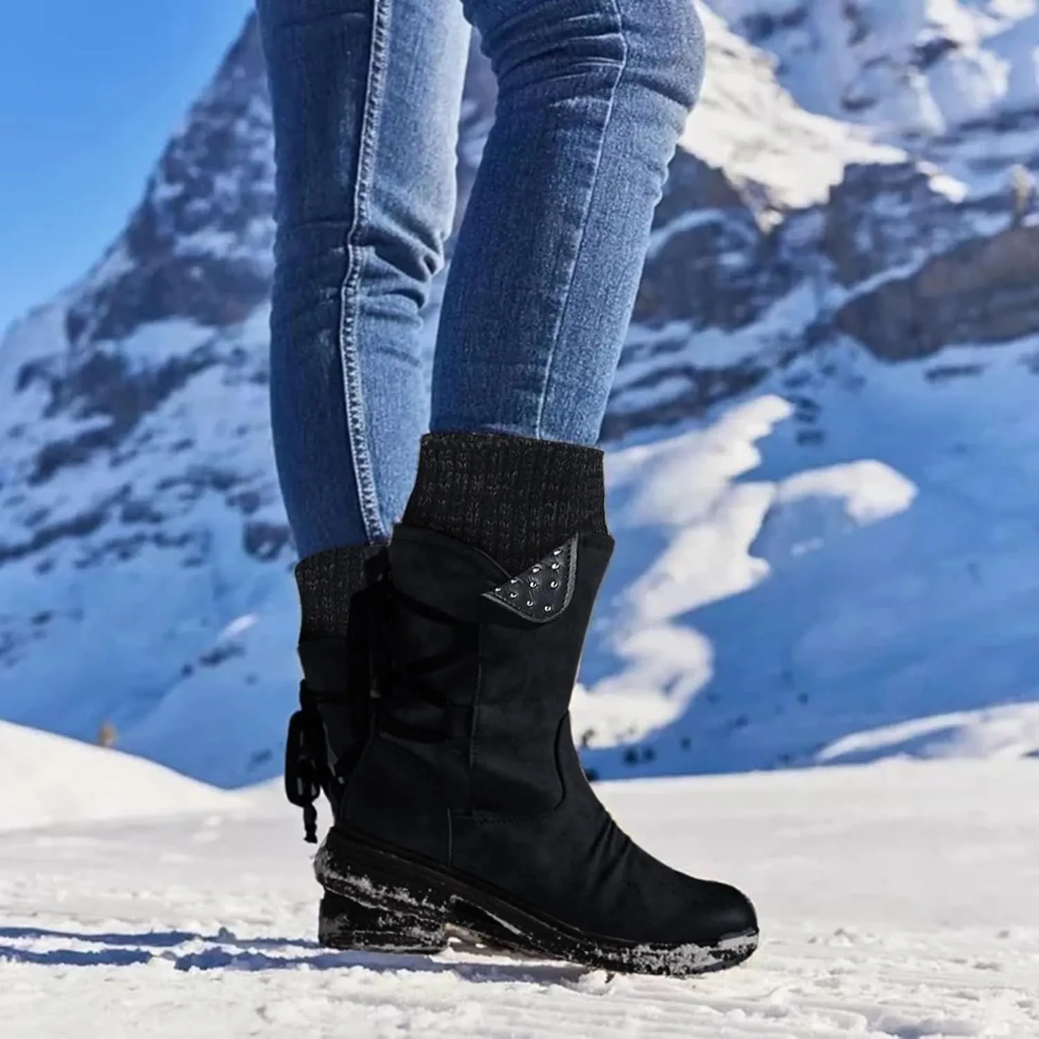 Boots for Women Lace-up Fur Lined Mid Calf Shoes Waterproof Winter Snow Booties Heel Chunky Thick with Round Toe Side Zipper