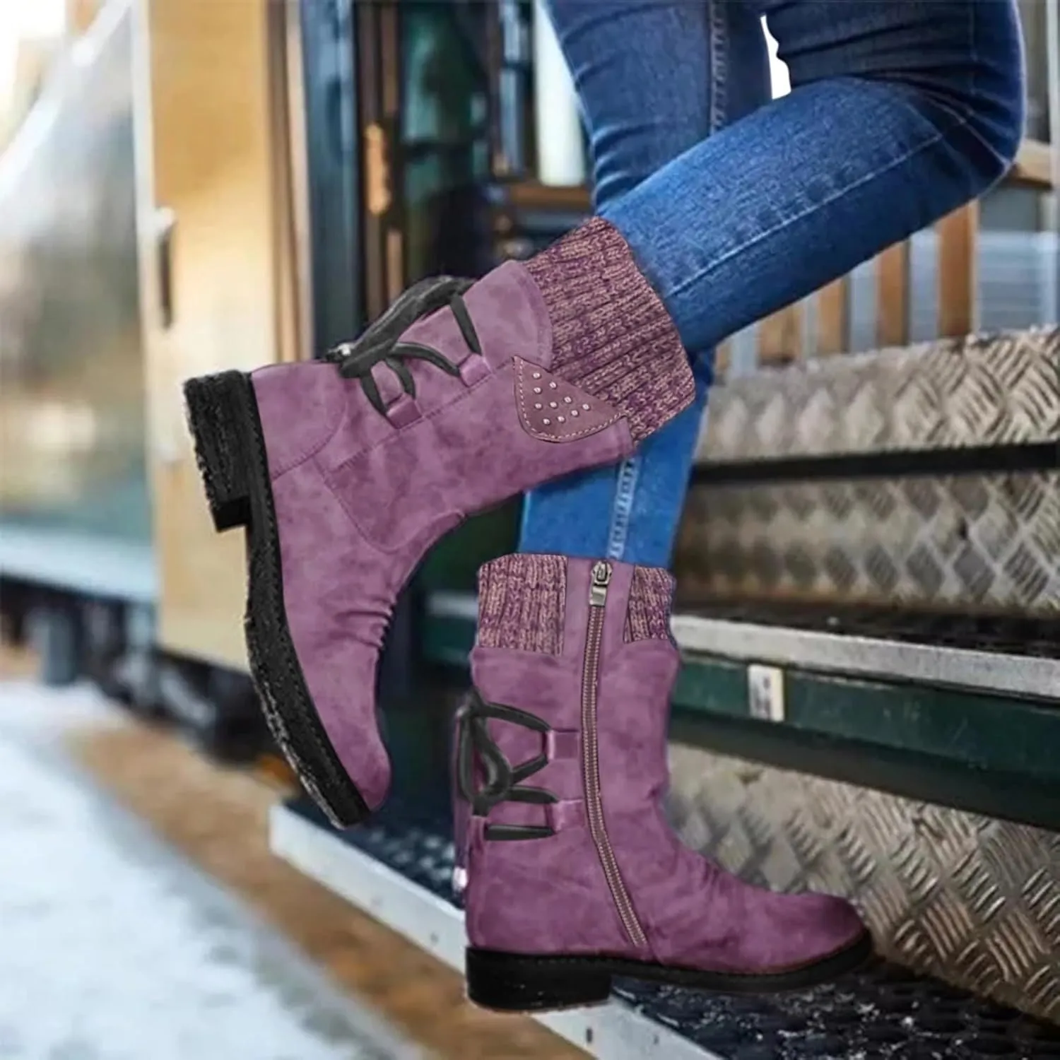 Boots for Women Lace-up Fur Lined Mid Calf Shoes Waterproof Winter Snow Booties Heel Chunky Thick with Round Toe Side Zipper
