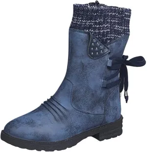 Boots for Women Lace-up Fur Lined Mid Calf Shoes Waterproof Winter Snow Booties Heel Chunky Thick with Round Toe Side Zipper