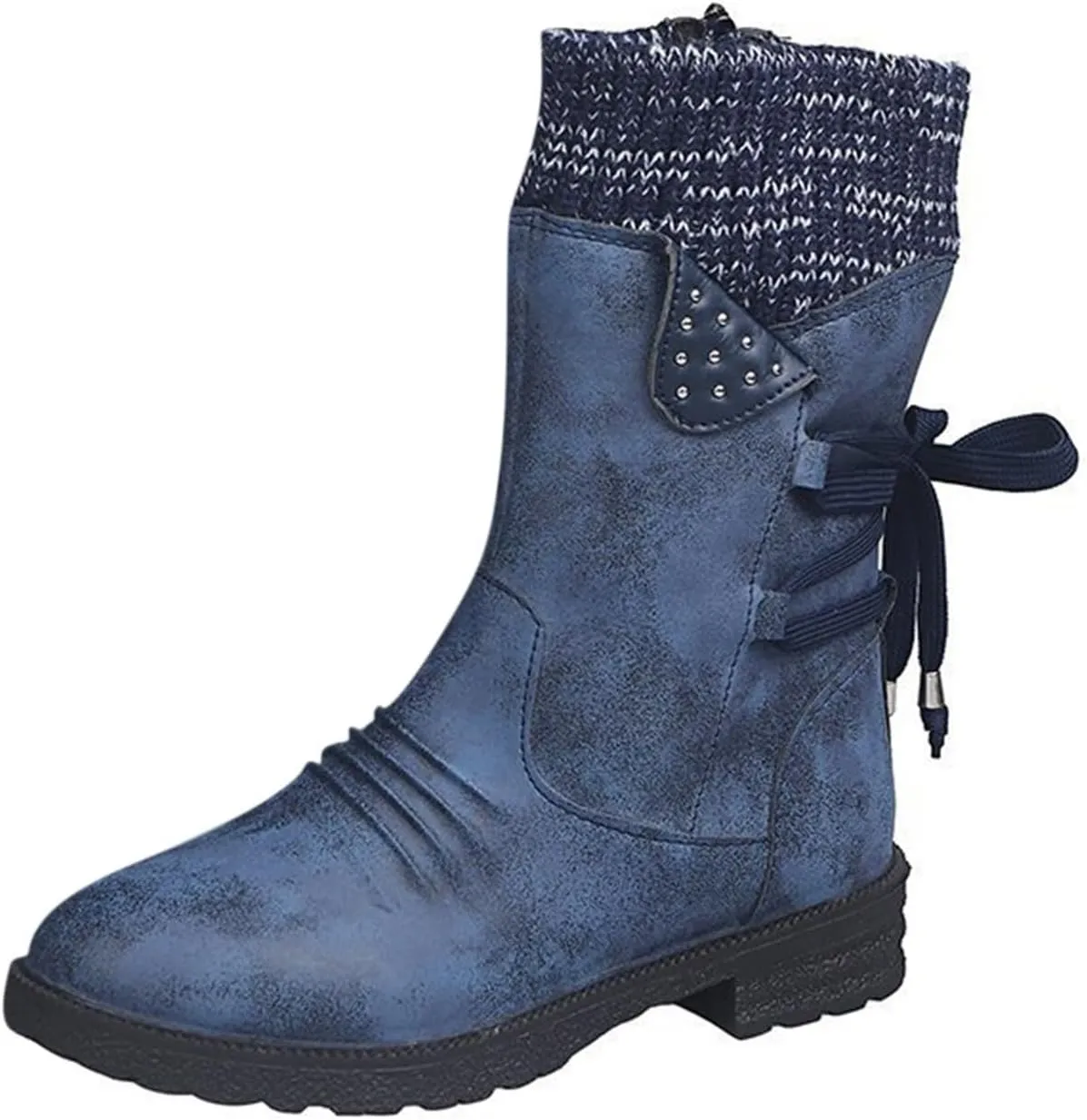 Boots for Women Lace-up Fur Lined Mid Calf Shoes Waterproof Winter Snow Booties Heel Chunky Thick with Round Toe Side Zipper