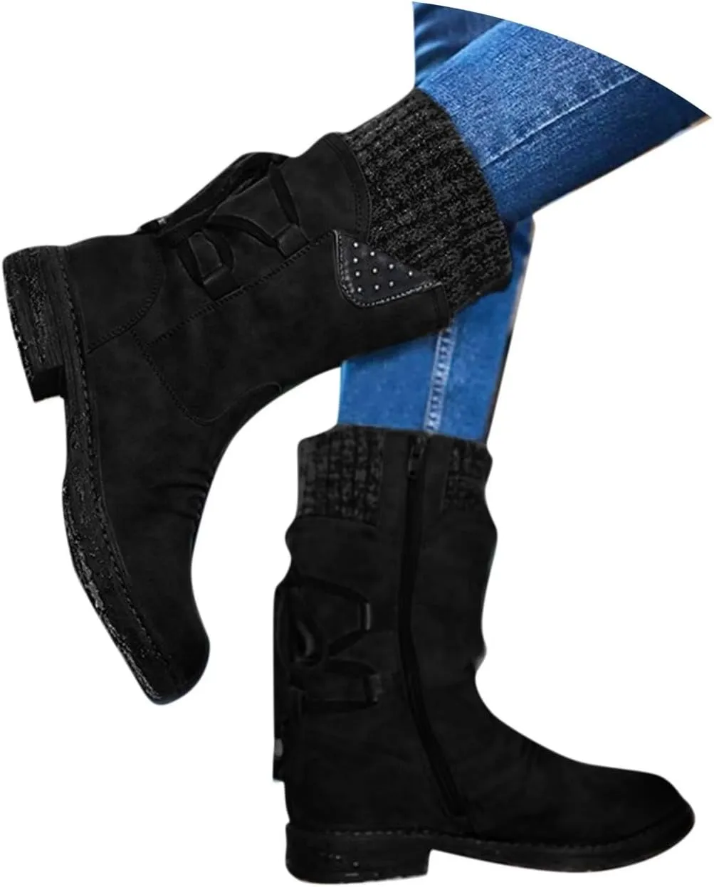 Boots for Women Lace-up Fur Lined Mid Calf Shoes Waterproof Winter Snow Booties Heel Chunky Thick with Round Toe Side Zipper