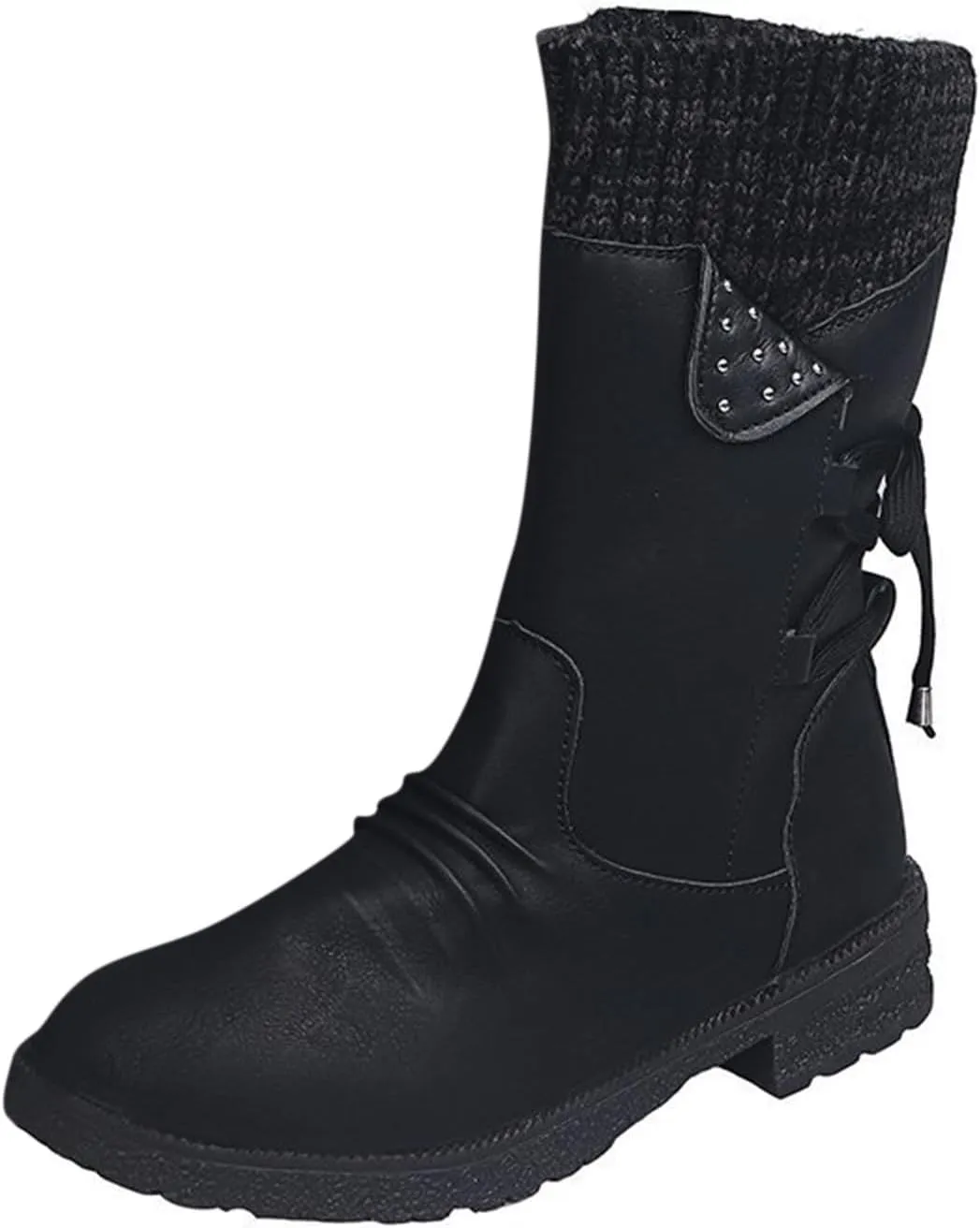 Boots for Women Lace-up Fur Lined Mid Calf Shoes Waterproof Winter Snow Booties Heel Chunky Thick with Round Toe Side Zipper