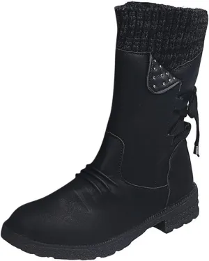 Boots for Women Lace-up Fur Lined Mid Calf Shoes Waterproof Winter Snow Booties Heel Chunky Thick with Round Toe Side Zipper