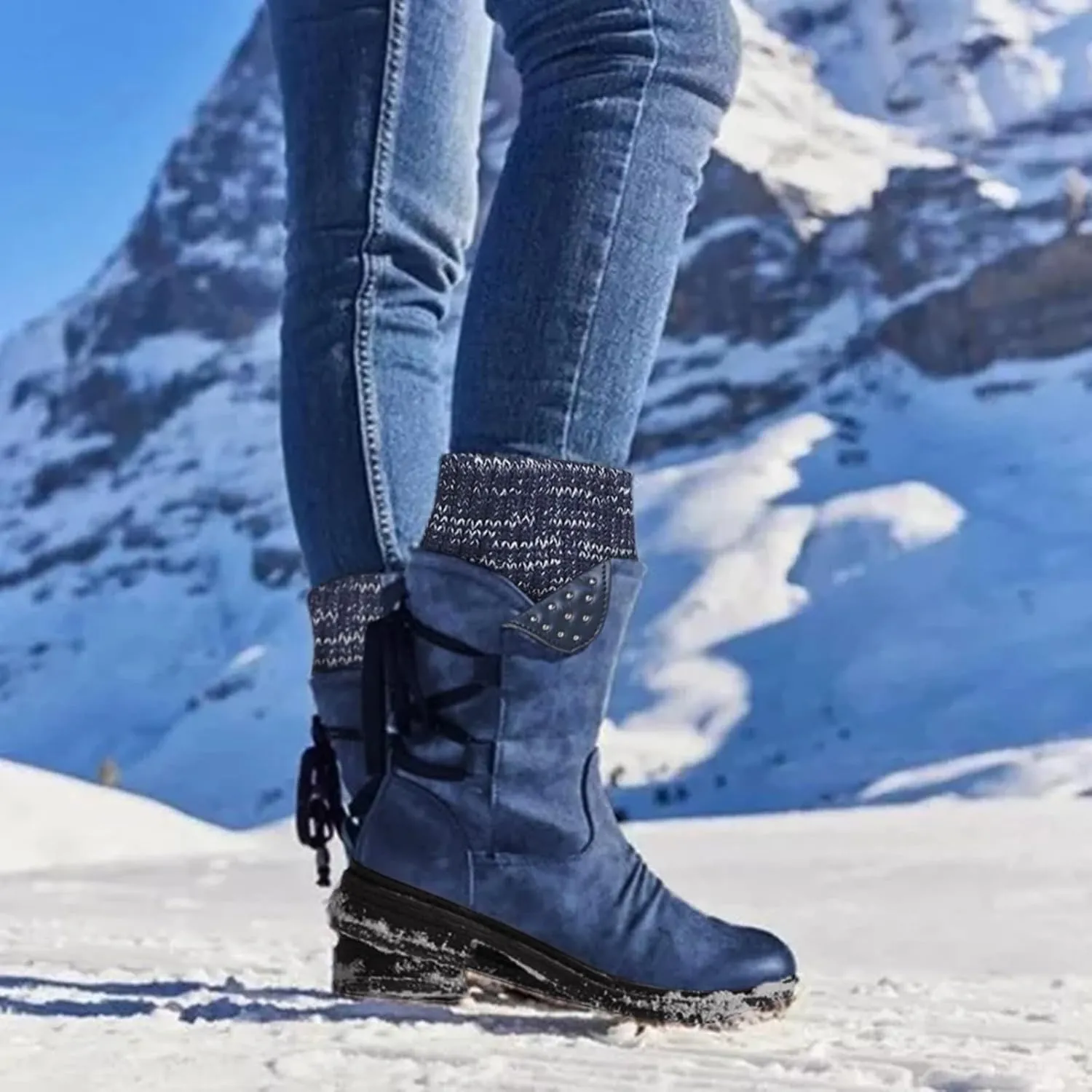 Boots for Women Lace-up Fur Lined Mid Calf Shoes Waterproof Winter Snow Booties Heel Chunky Thick with Round Toe Side Zipper