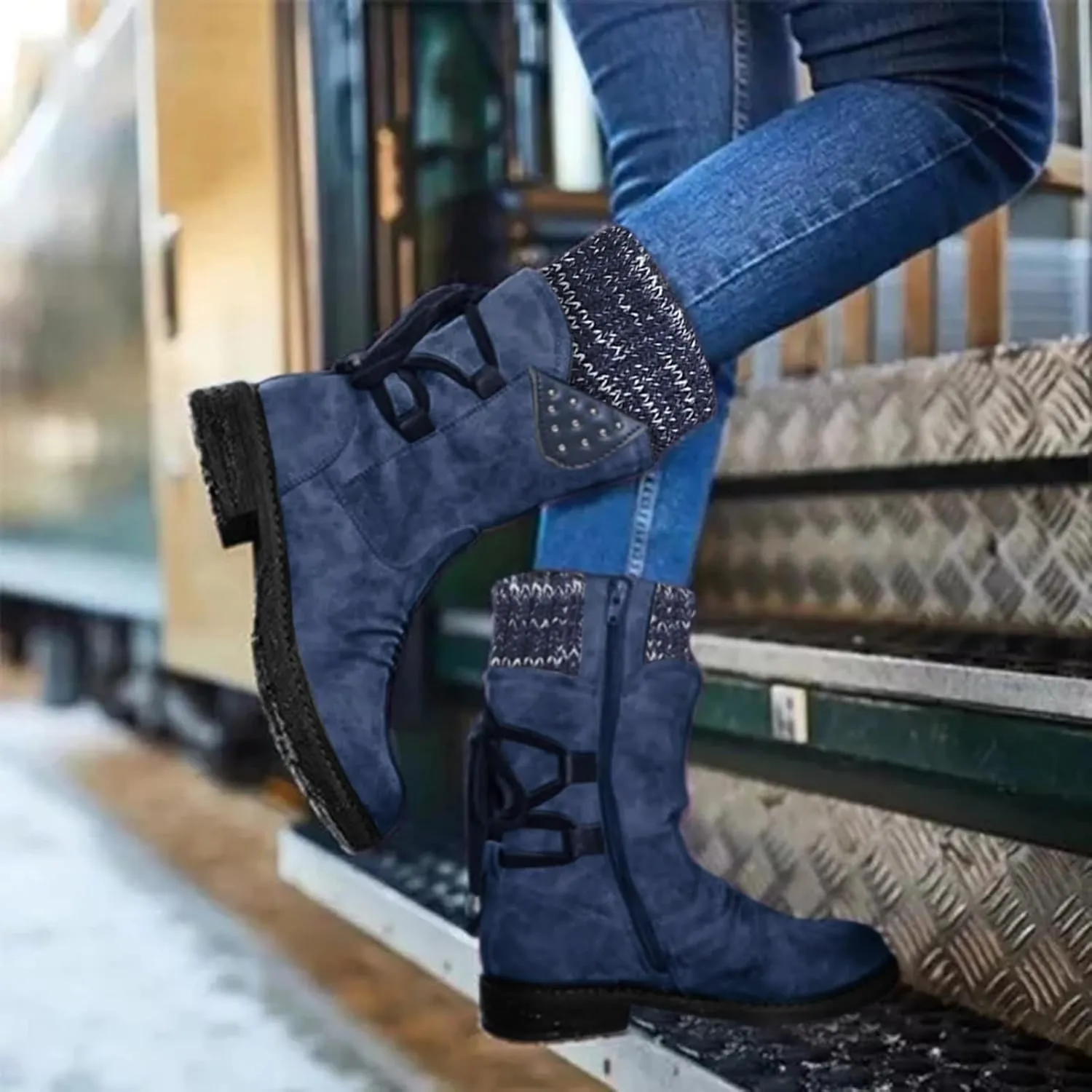 Boots for Women Lace-up Fur Lined Mid Calf Shoes Waterproof Winter Snow Booties Heel Chunky Thick with Round Toe Side Zipper