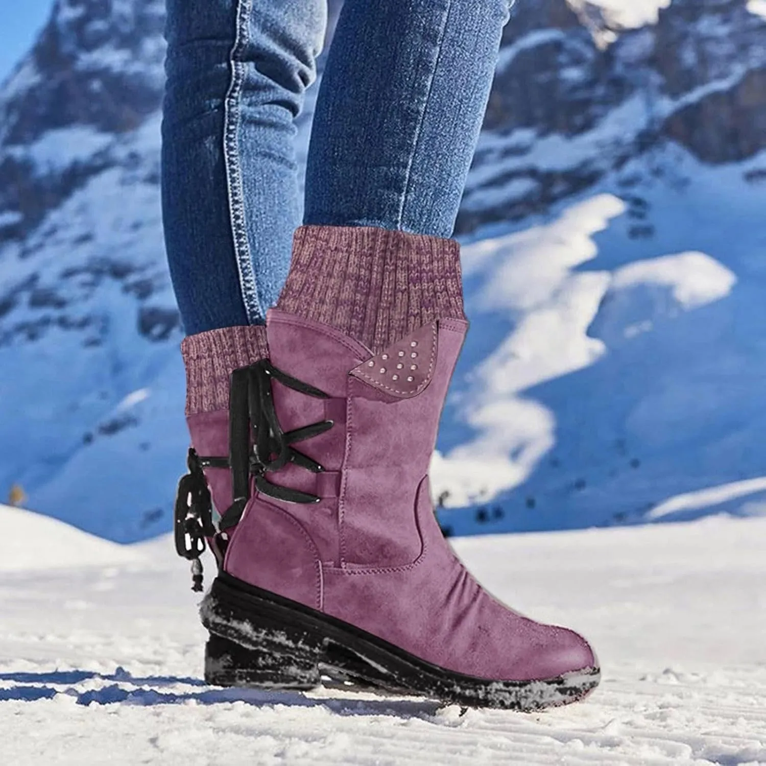 Boots for Women Lace-up Fur Lined Mid Calf Shoes Waterproof Winter Snow Booties Heel Chunky Thick with Round Toe Side Zipper