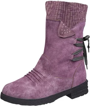 Boots for Women Lace-up Fur Lined Mid Calf Shoes Waterproof Winter Snow Booties Heel Chunky Thick with Round Toe Side Zipper