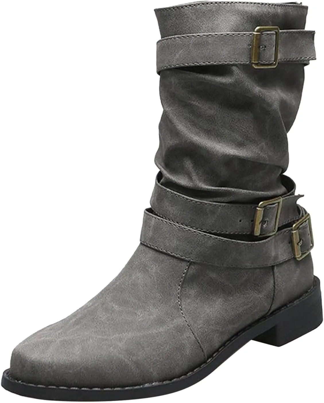 Boots for Women Mid Calf Dress Western Round Toe Riding Shoes Winter Fall Warm Booties with Pull-on Buckle Belt for Ladies