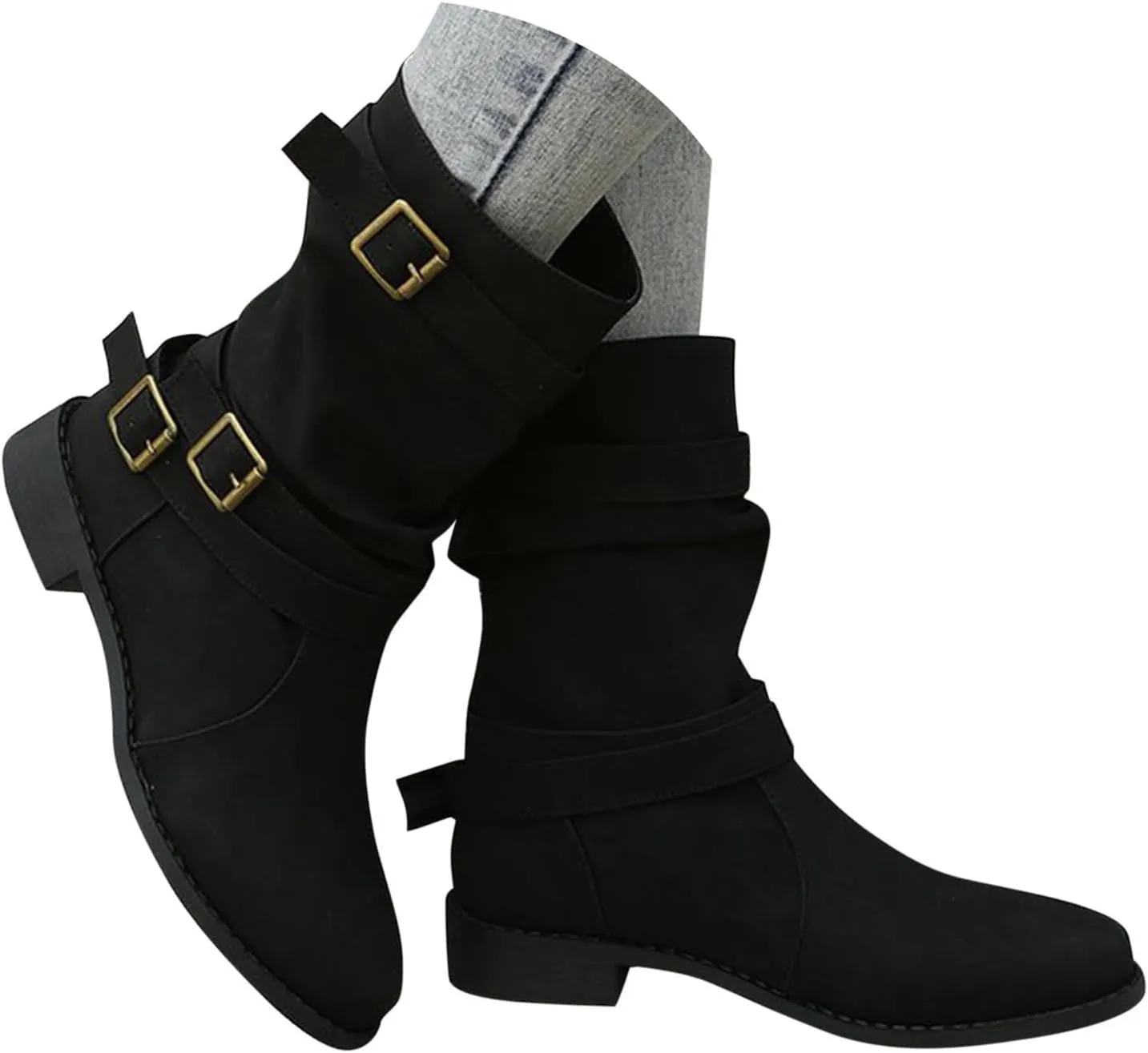 Boots for Women Mid Calf Dress Western Round Toe Riding Shoes Winter Fall Warm Booties with Pull-on Buckle Belt for Ladies