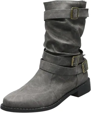 Boots for Women Mid Calf Dress Western Round Toe Riding Shoes Winter Fall Warm Booties with Pull-on Buckle Belt for Ladies