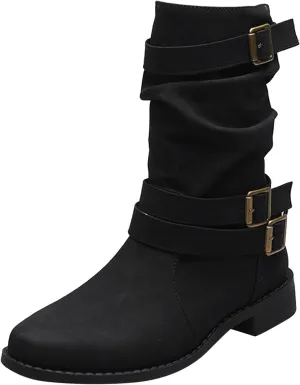 Boots for Women Mid Calf Dress Western Round Toe Riding Shoes Winter Fall Warm Booties with Pull-on Buckle Belt for Ladies