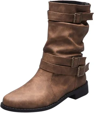 Boots for Women Mid Calf Dress Western Round Toe Riding Shoes Winter Fall Warm Booties with Pull-on Buckle Belt for Ladies