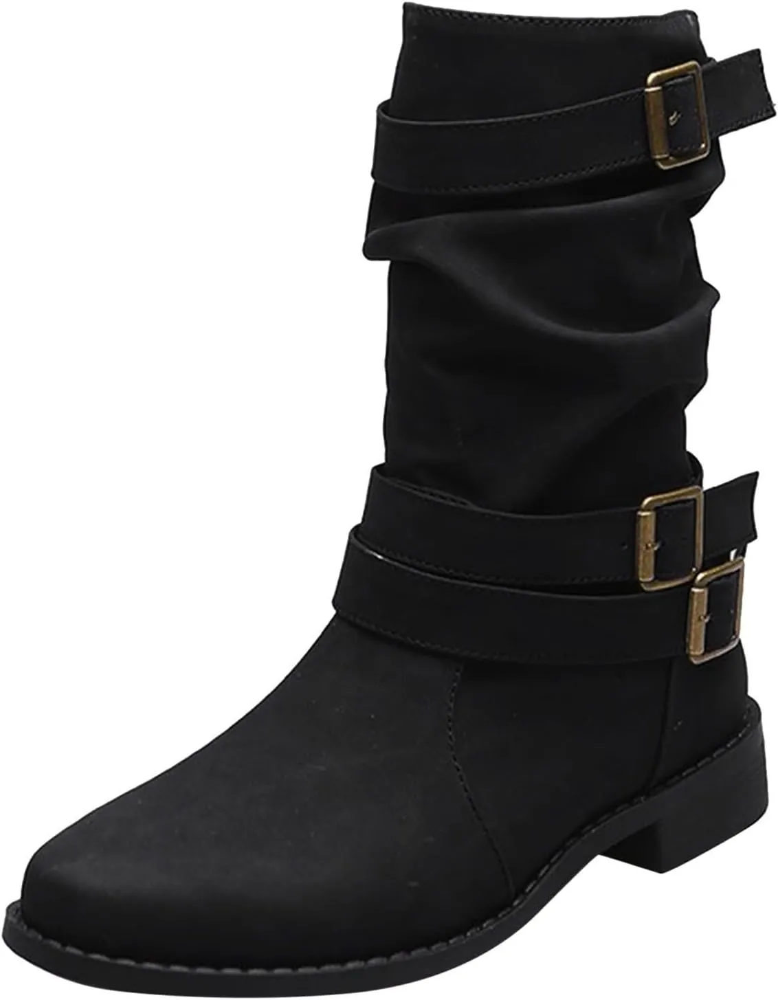 Boots for Women Mid Calf Dress Western Round Toe Riding Shoes Winter Fall Warm Booties with Pull-on Buckle Belt for Ladies