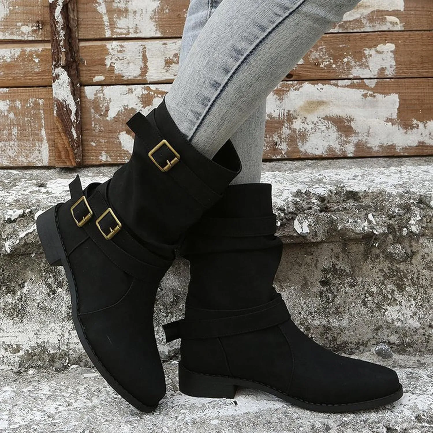 Boots for Women Mid Calf Dress Western Round Toe Riding Shoes Winter Fall Warm Booties with Pull-on Buckle Belt for Ladies