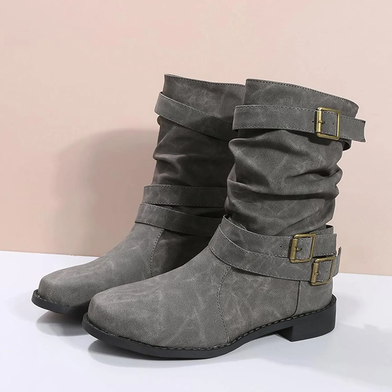 Boots for Women Mid Calf Dress Western Round Toe Riding Shoes Winter Fall Warm Booties with Pull-on Buckle Belt for Ladies