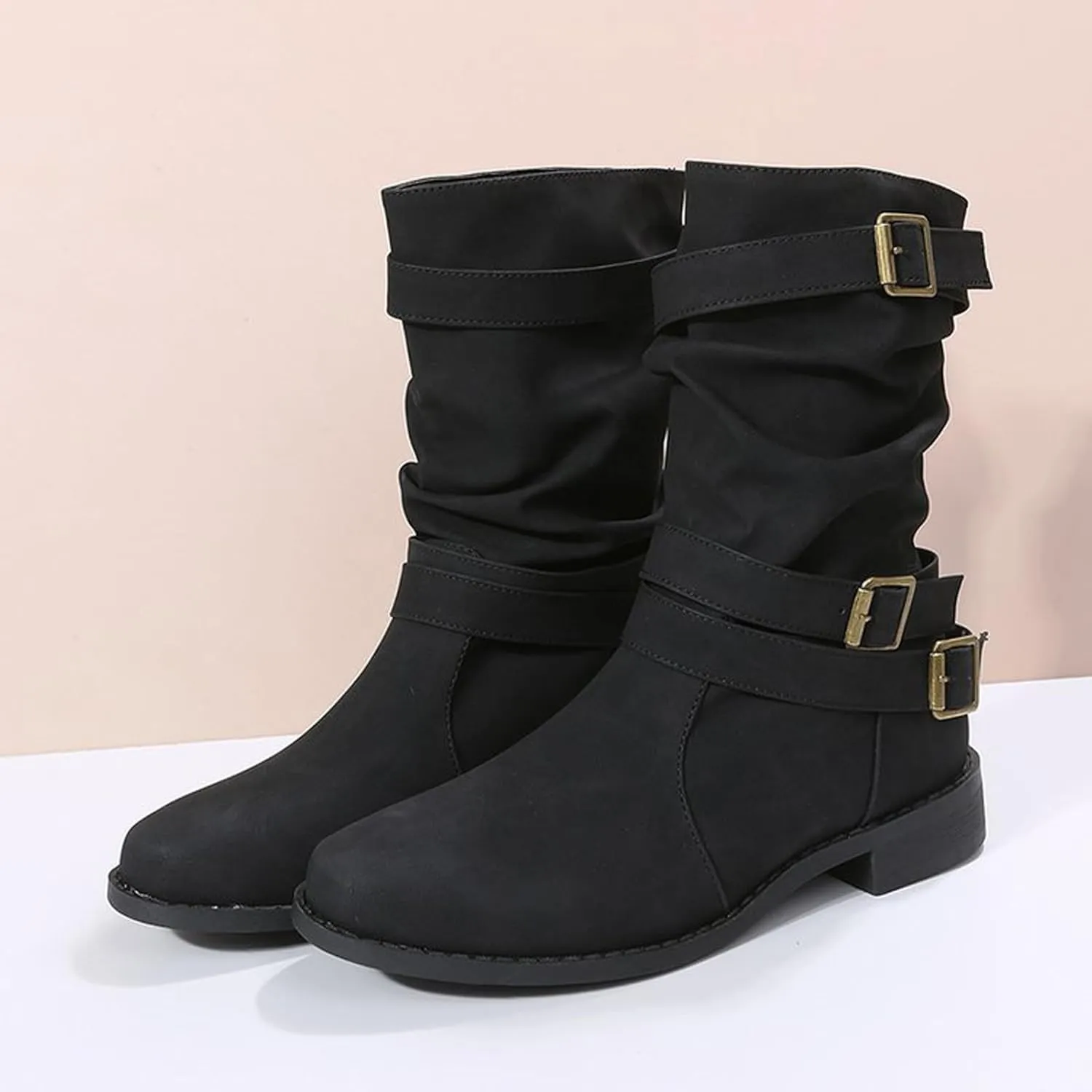 Boots for Women Mid Calf Dress Western Round Toe Riding Shoes Winter Fall Warm Booties with Pull-on Buckle Belt for Ladies