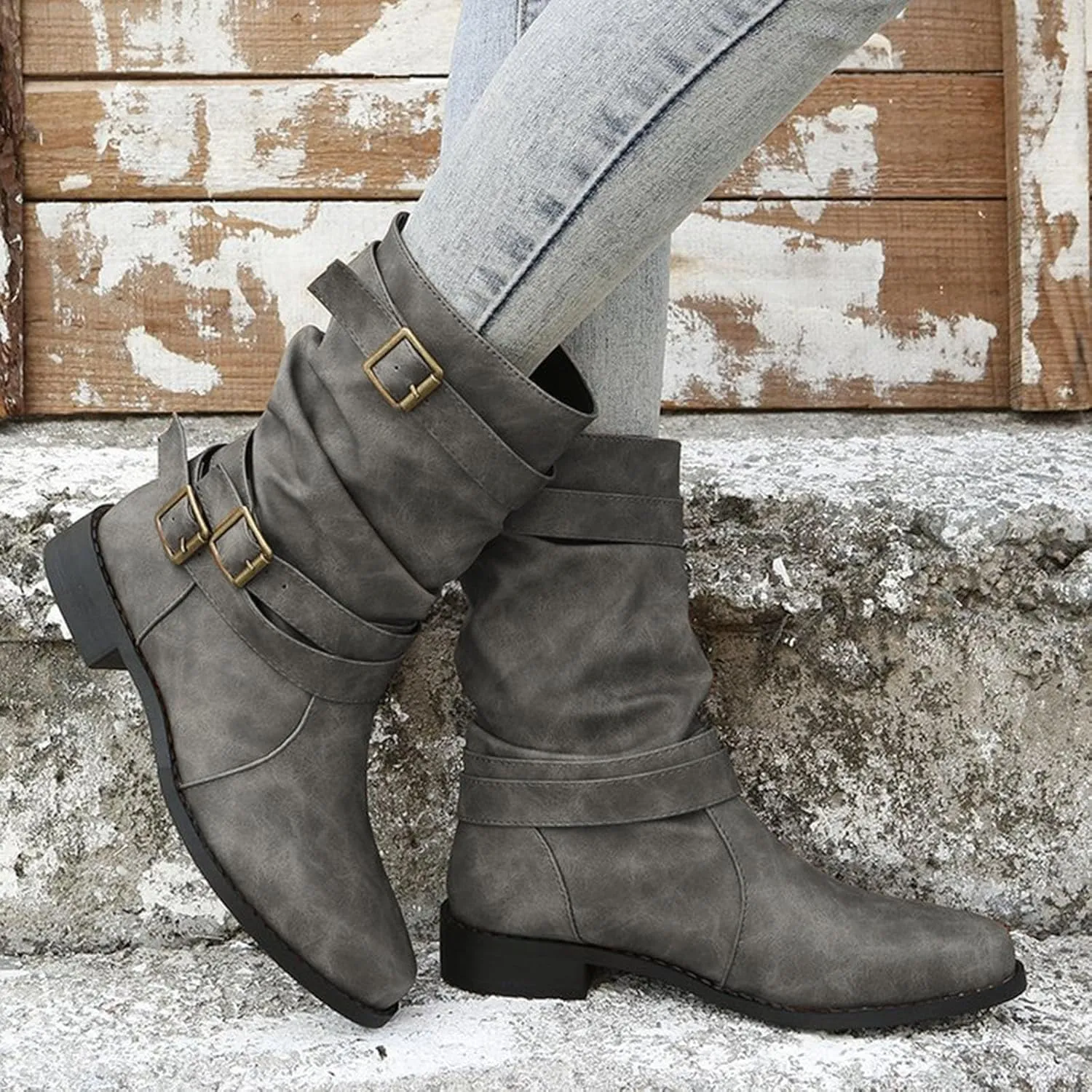 Boots for Women Mid Calf Dress Western Round Toe Riding Shoes Winter Fall Warm Booties with Pull-on Buckle Belt for Ladies