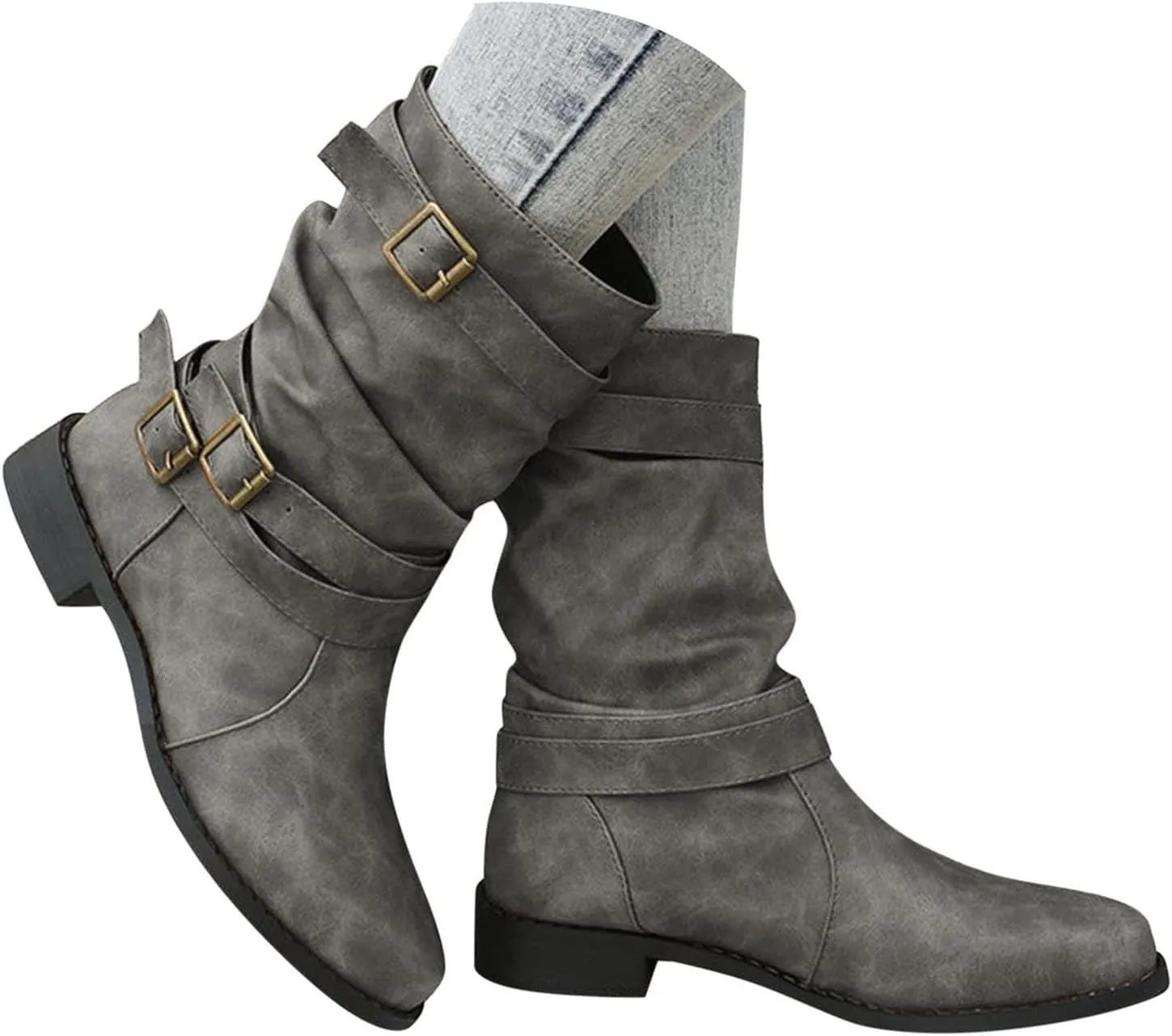 Boots for Women Mid Calf Dress Western Round Toe Riding Shoes Winter Fall Warm Booties with Pull-on Buckle Belt for Ladies