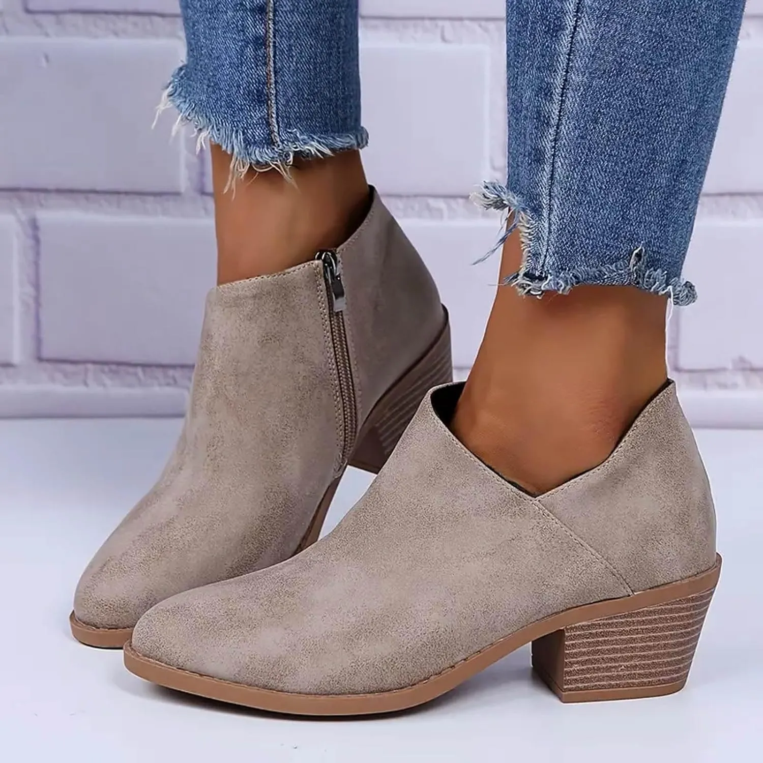 Cathalem Ankle Booties for Women Low Heel,2024 New Retro V Cutout Short Warm Boots Closed Toe Low Heel Combat Western Shoes