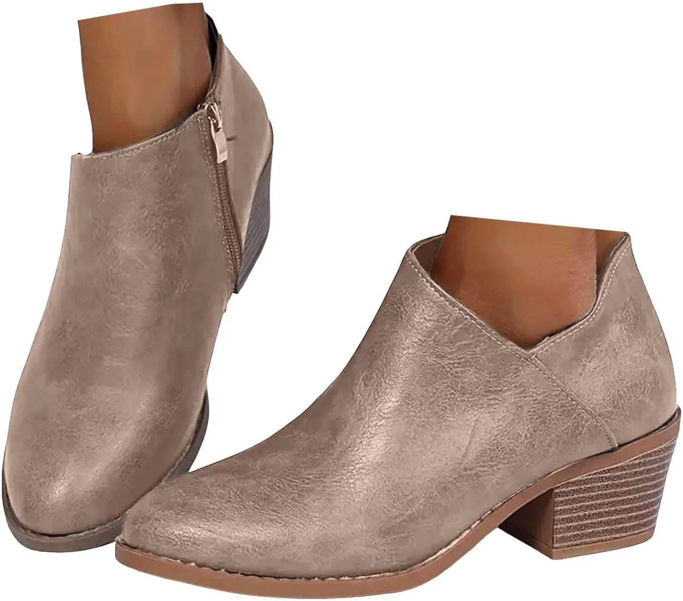 Cathalem Ankle Booties for Women Low Heel,2024 New Retro V Cutout Short Warm Boots Closed Toe Low Heel Combat Western Shoes