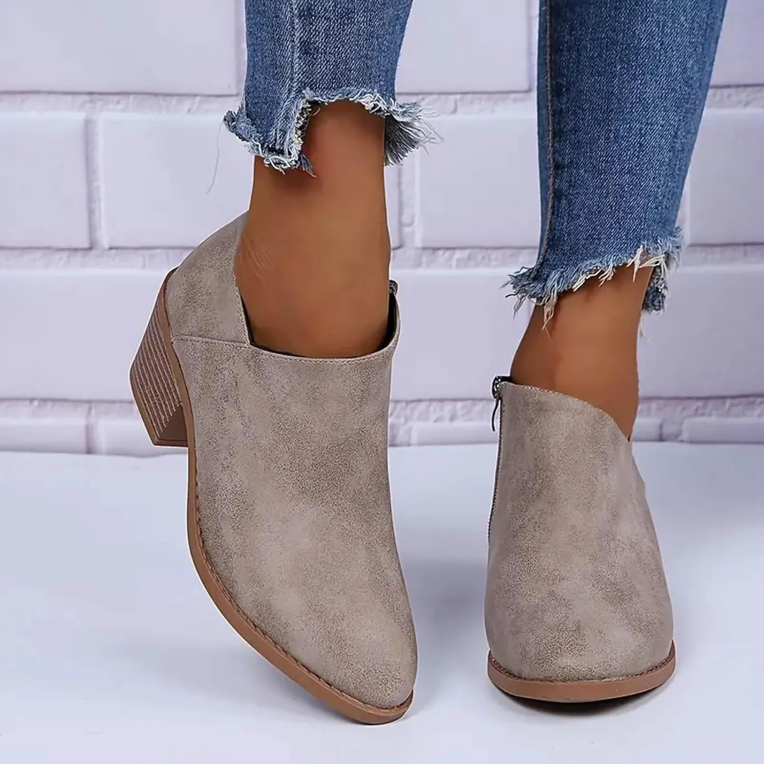 Cathalem Ankle Booties for Women Low Heel,2024 New Retro V Cutout Short Warm Boots Closed Toe Low Heel Combat Western Shoes