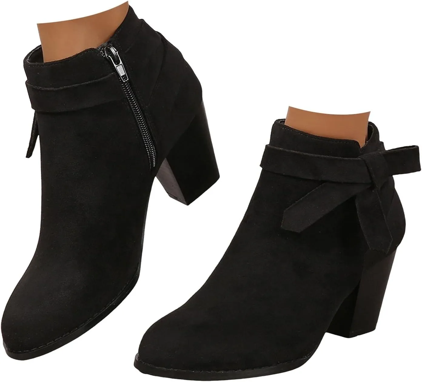 Cathalem Ankle Booties for Women, Women's Tie Knot Chelsea Pump Ankle Boots Closed Toe Stacked Heel Booties Shoes