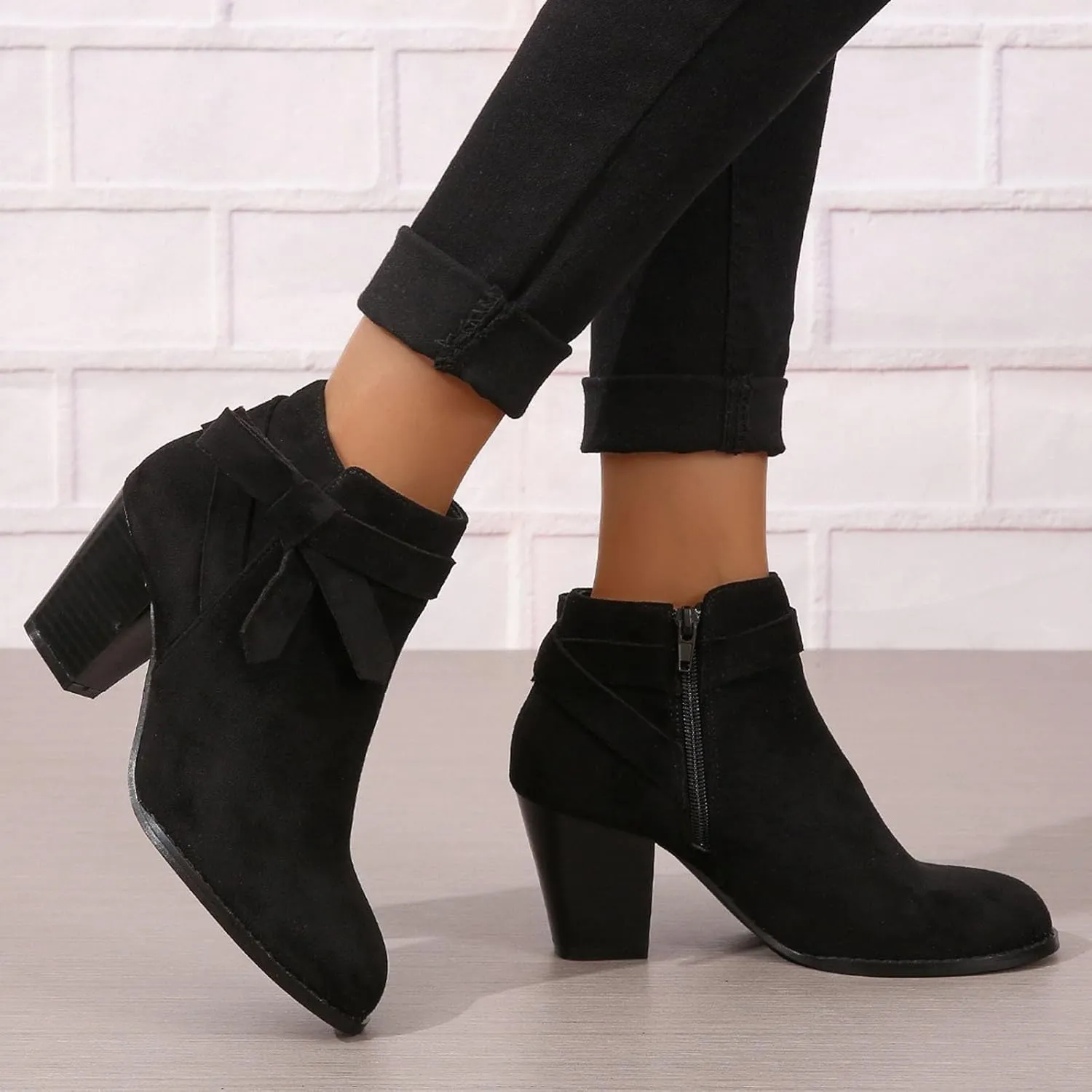 Cathalem Ankle Booties for Women, Women's Tie Knot Chelsea Pump Ankle Boots Closed Toe Stacked Heel Booties Shoes