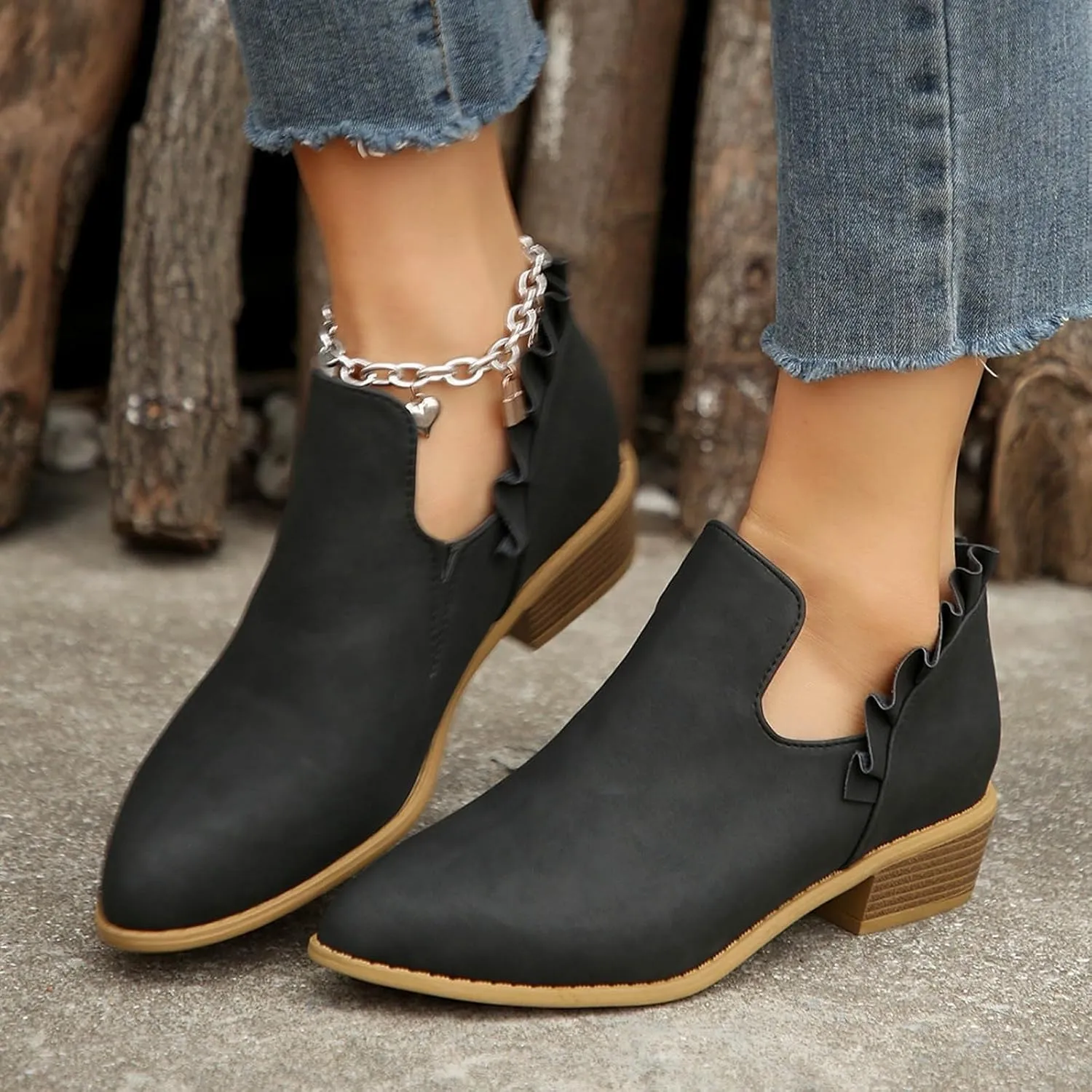 Cathalem Ankle Boots for Women Casual Fall Cutout Booties Ankle Heels Low Stacked Ruffle Slip On Dress Short Boots Shoes