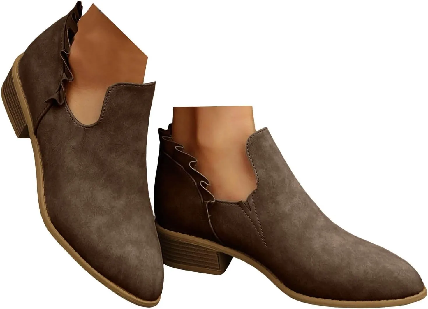 Cathalem Ankle Boots for Women Casual Fall Cutout Booties Ankle Heels Low Stacked Ruffle Slip On Dress Short Boots Shoes