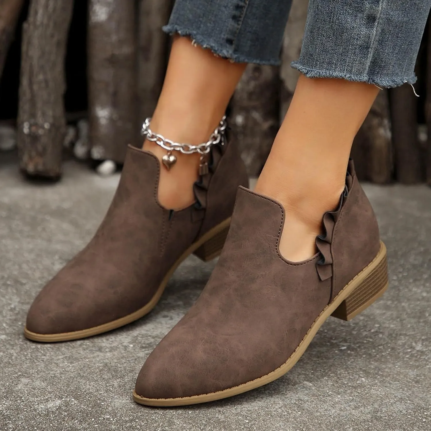 Cathalem Ankle Boots for Women Casual Fall Cutout Booties Ankle Heels Low Stacked Ruffle Slip On Dress Short Boots Shoes