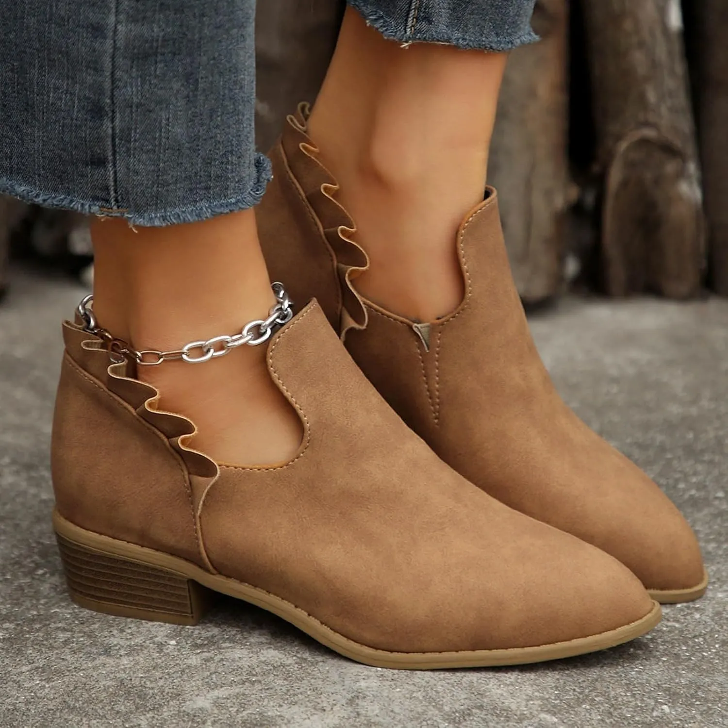 Cathalem Ankle Boots for Women Casual Fall Cutout Booties Ankle Heels Low Stacked Ruffle Slip On Dress Short Boots Shoes