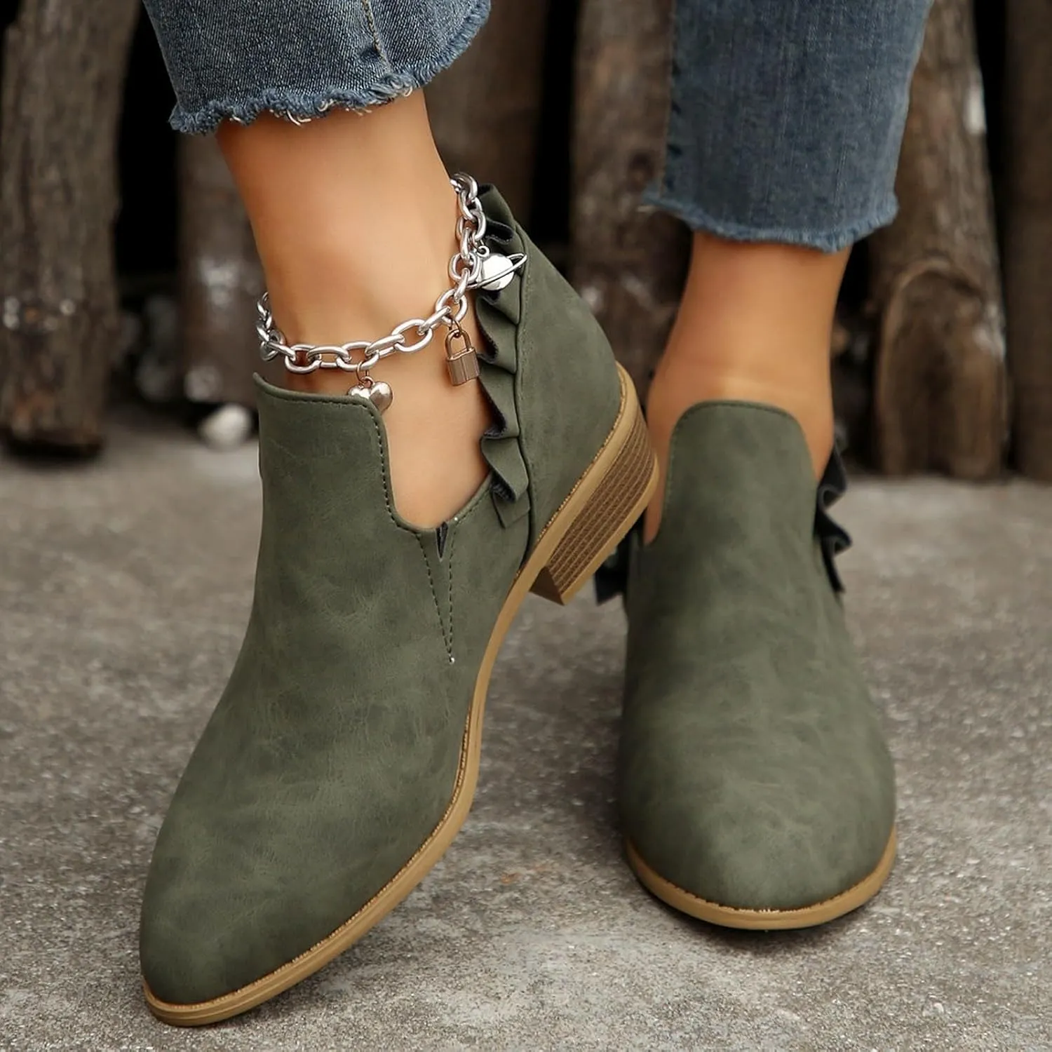 Cathalem Ankle Boots for Women Casual Fall Cutout Booties Ankle Heels Low Stacked Ruffle Slip On Dress Short Boots Shoes
