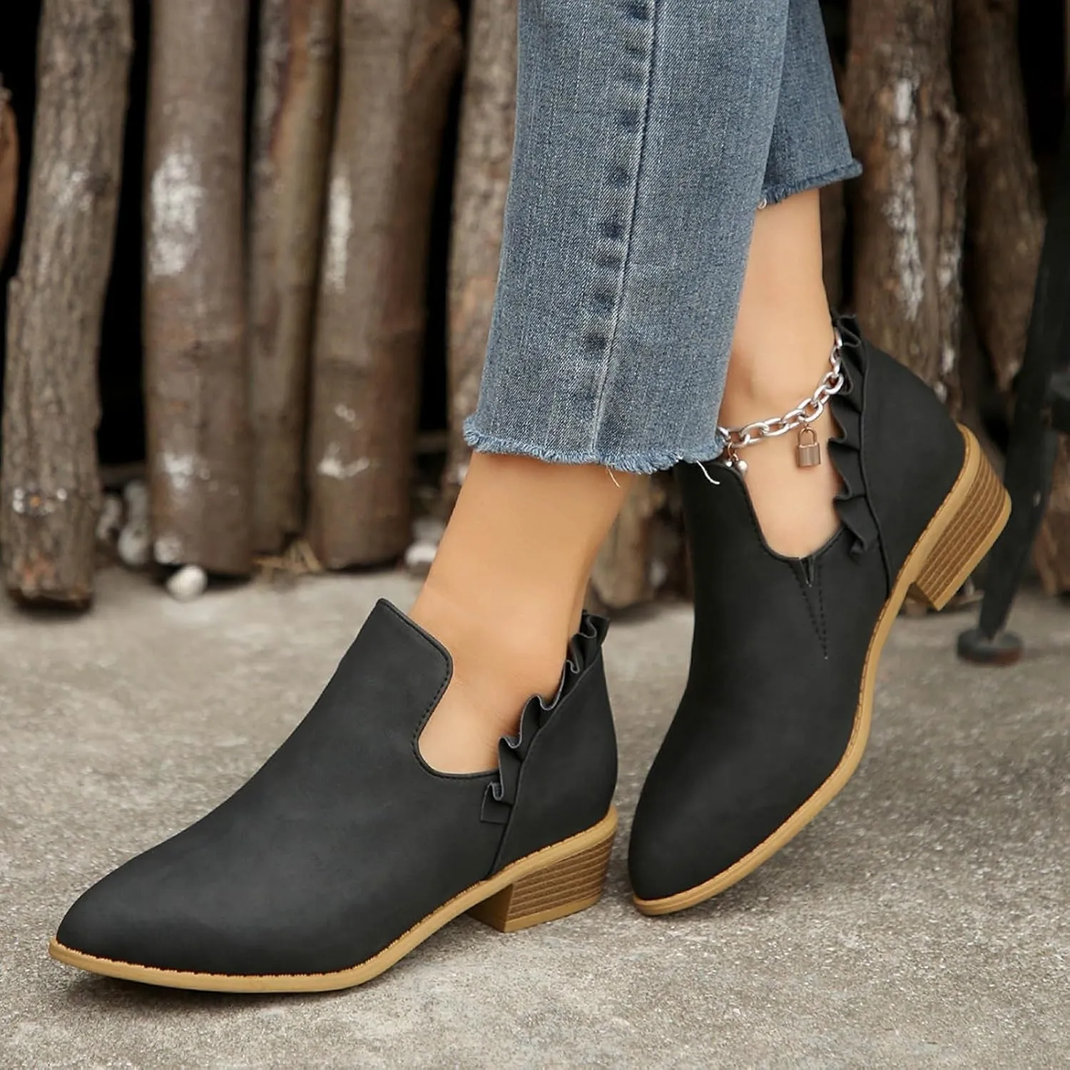 Cathalem Ankle Boots for Women Casual Fall Cutout Booties Ankle Heels Low Stacked Ruffle Slip On Dress Short Boots Shoes