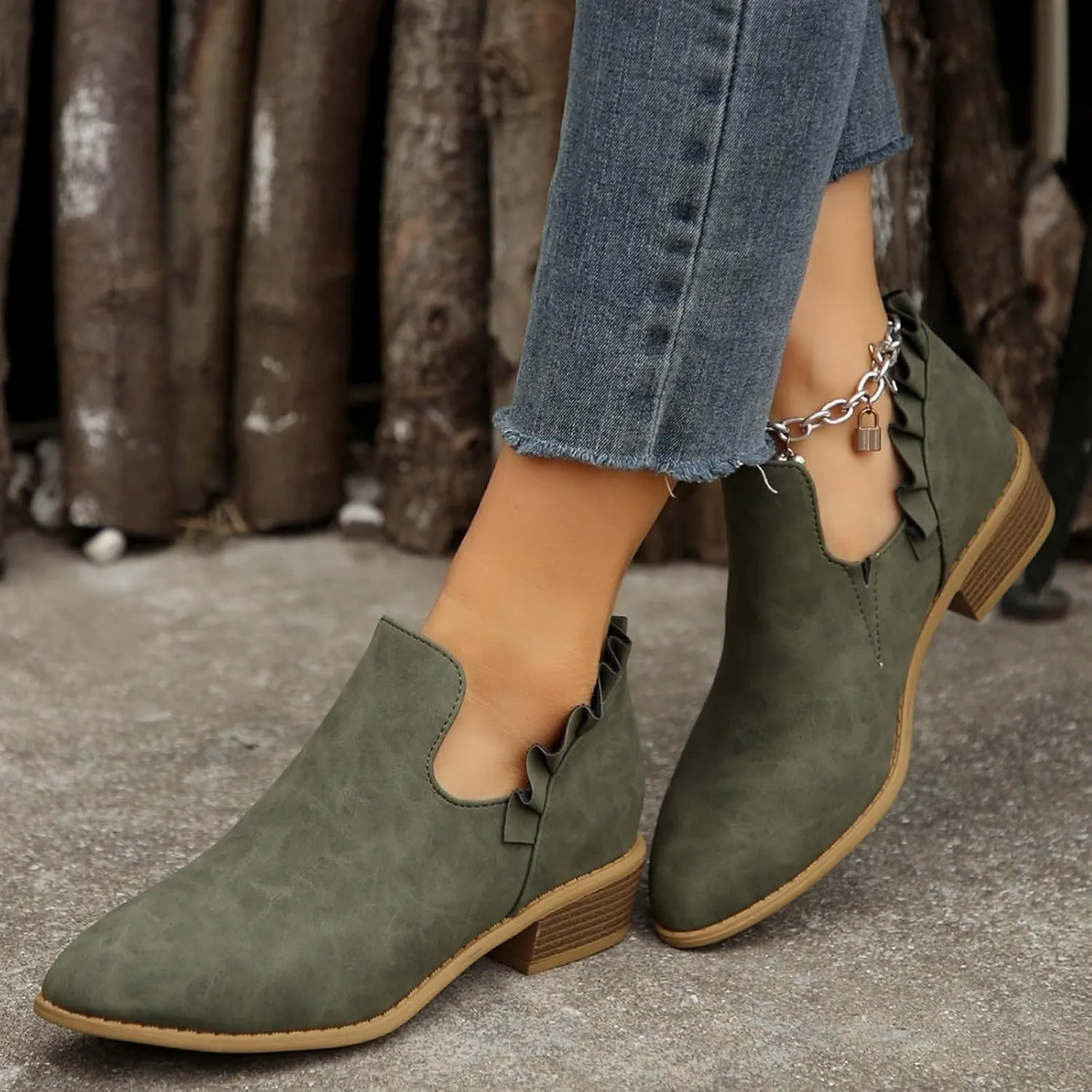 Cathalem Ankle Boots for Women Casual Fall Cutout Booties Ankle Heels Low Stacked Ruffle Slip On Dress Short Boots Shoes