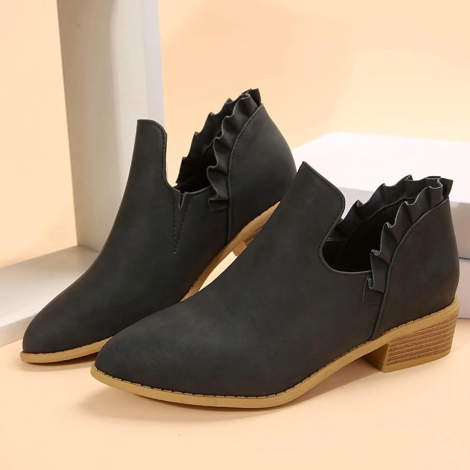 Cathalem Ankle Boots for Women Casual Fall Cutout Booties Ankle Heels Low Stacked Ruffle Slip On Dress Short Boots Shoes